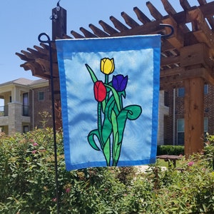 Colorful, decorative appliqued garden flag with embroidered satin stitching,  Spring/Summer Tulips