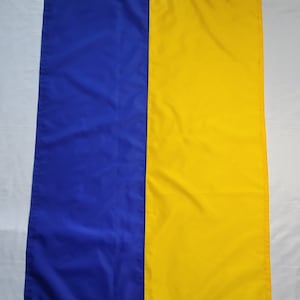 May include: A blue and yellow flag. The flag is divided vertically, with the left side being blue and the right side being yellow.
