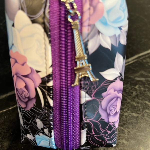 Purple and Blue Roses Itty Bitty Boxy Bag with Eiffel Tower Pull