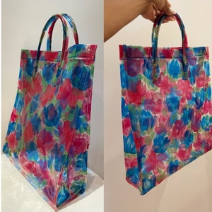Vintage 60s Plastic Blue and Pink Floral Mod Tote Bag/Shopper/Beach Bag