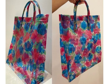 Vintage 60s Plastic Blue and Pink Floral Mod Tote Bag/Shopper/Beach Bag