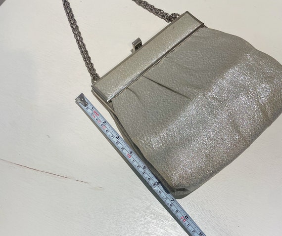 Vintage 60s Silver Lame Top Handle Handbag w/ Art… - image 10
