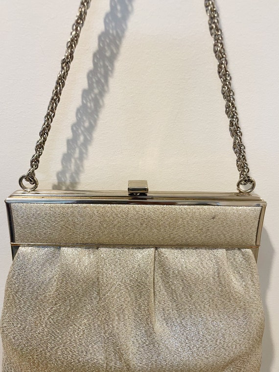 Vintage 60s Silver Lame Top Handle Handbag w/ Art… - image 7