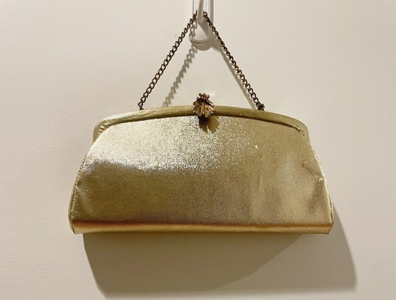 Vintage 50s Gold Lame Framed Handbag with Gold To… - image 1