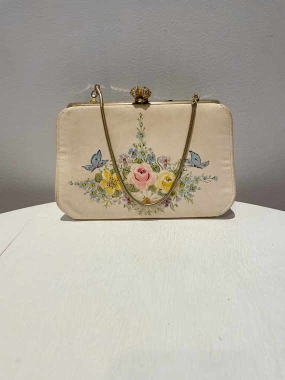 Vintage 50s Cream Floral Handbag with Gold Tone C… - image 2