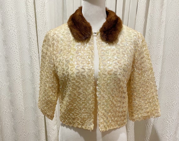 Vintage 50s Gentex Creme Iridescent Sequins Boler… - image 1