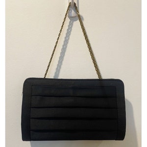 Vintage 50s Magid Black Pleated Rayon Handbag/Clutch with Gold Tone Chain Strap