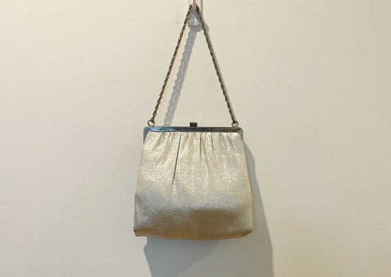Vintage 60s Silver Lame Top Handle Handbag w/ Art… - image 2