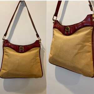 RARE Vintage 70s Etienne Aigner Borgoña Cuero y Lino Saddle Bag Bolso
