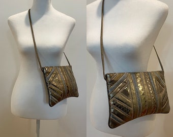 Vintage 80s Bronze and Silver Leather Snakeskin Embossed Handbag/Clutch