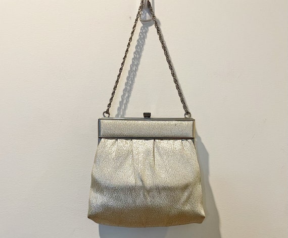 Vintage 60s Silver Lame Top Handle Handbag w/ Art… - image 1