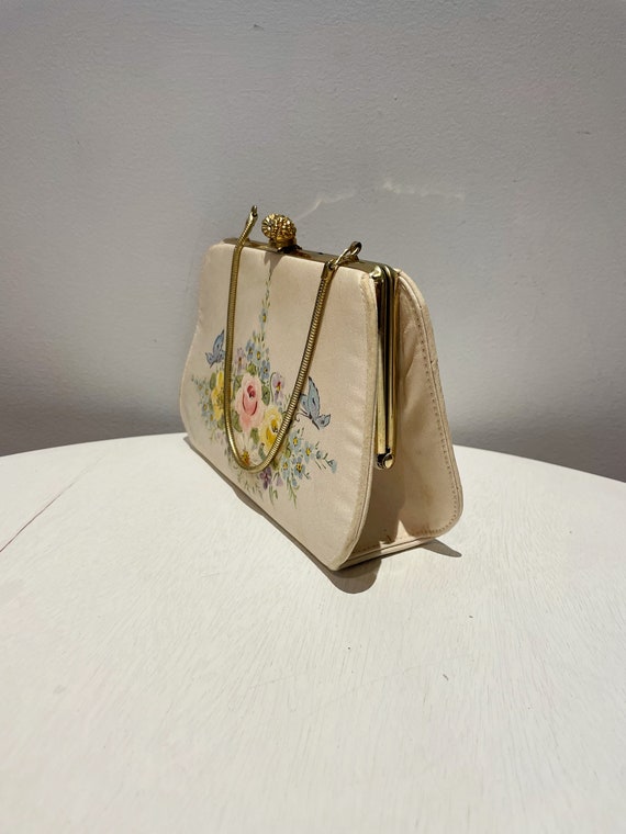 Vintage 50s Cream Floral Handbag with Gold Tone C… - image 3