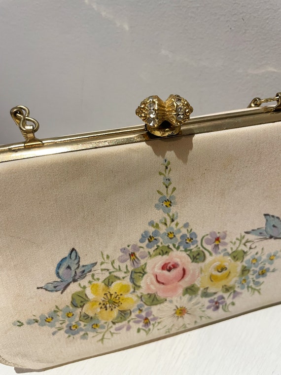 Vintage 50s Cream Floral Handbag with Gold Tone C… - image 9