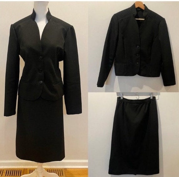 Vintage 70s Black Skirt Suit w/ Mandarin Collar a… - image 1