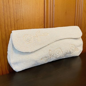 Vintage 60s Off White Seed Bead Floral Design Clutch, Hand Made in Japan