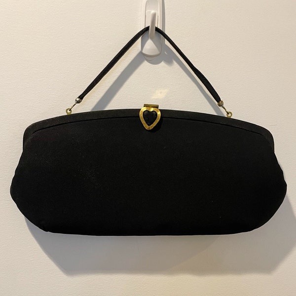 Vintage 60s HL USA Black Crepe Oversized Top Handle Handbag with Gold Tone Heart Clasp