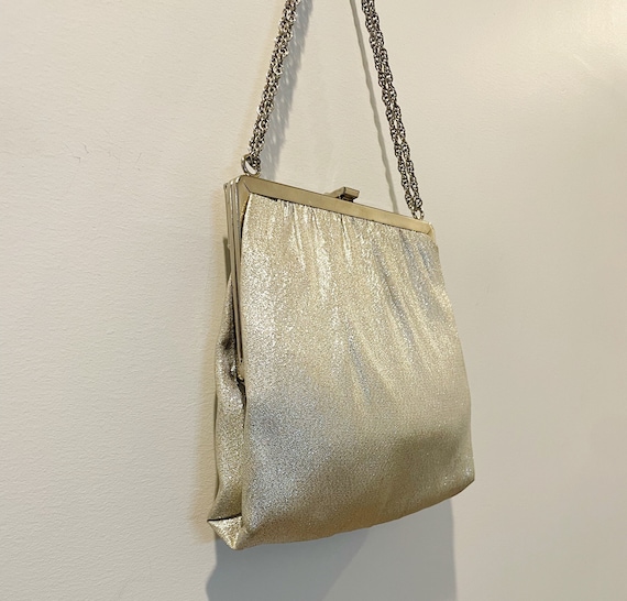 Vintage 60s Silver Lame Top Handle Handbag w/ Art… - image 5