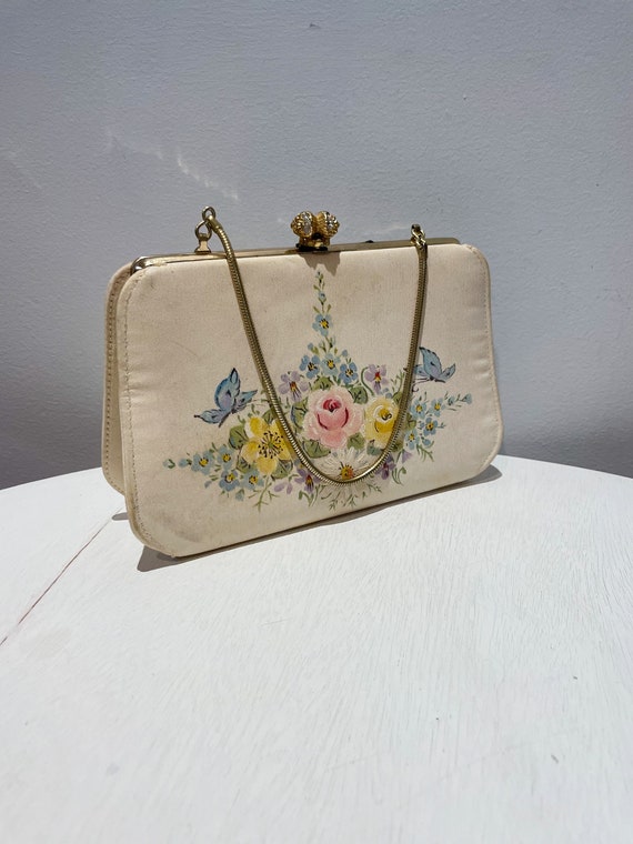 Vintage 50s Cream Floral Handbag with Gold Tone C… - image 1