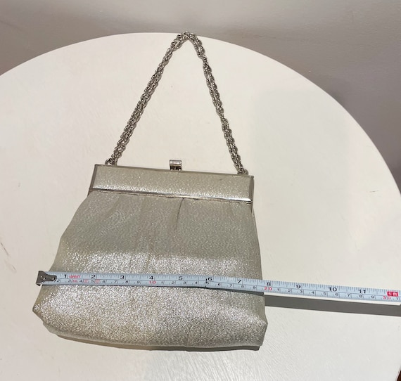 Vintage 60s Silver Lame Top Handle Handbag w/ Art… - image 9