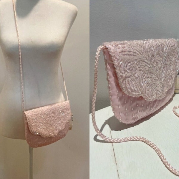 Vintage 80s New Stock/Dead Stock Pink Satin Beaded Crossbody Handbag