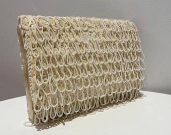 Vintage 60s Cream Beaded & Iridescent Sequined Envelope Clutch Made in Hong Kong