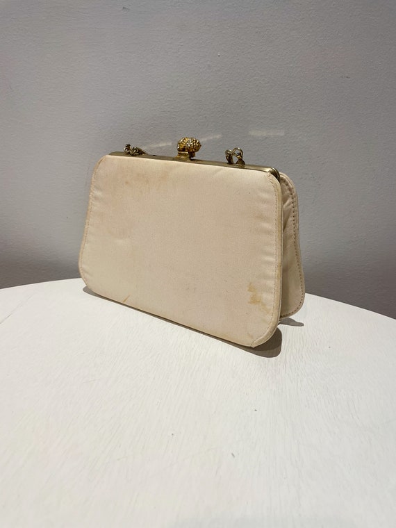 Vintage 50s Cream Floral Handbag with Gold Tone C… - image 5