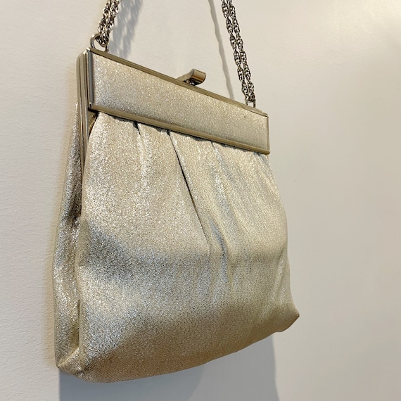 Vintage 60s Silver Lame Top Handle Handbag w/ Art… - image 4