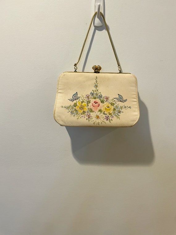 Vintage 50s Cream Floral Handbag with Gold Tone C… - image 8