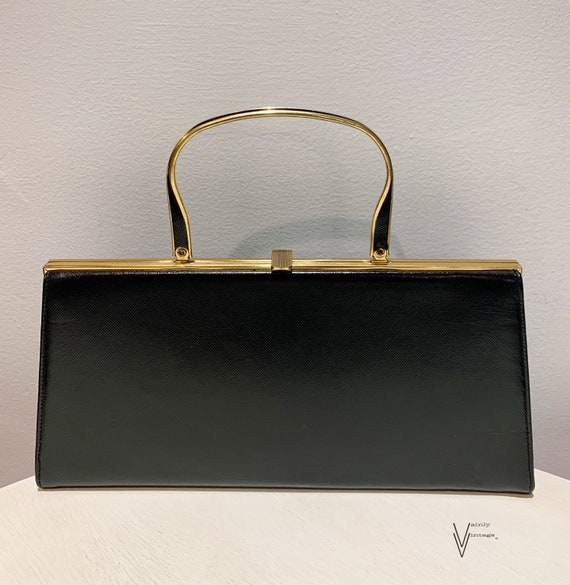Vintage 50s Block Black Top Handle Leather Handbag