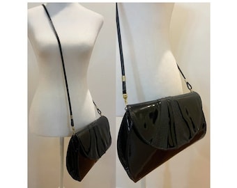 Vintage 80s Bag Bazaar Black Vegan Patent Leather Crossbody/Clutch