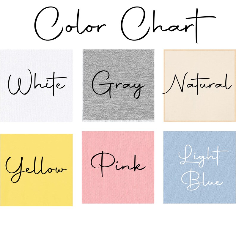 Op de afbeelding: Een kleurenkaart met de titel "Color Chart" in cursief schrift. De kaart toont zes kleurstalen: wit, grijs, naturel, geel, roze en lichtblauw, elk gelabeld met hun kleurnaam in cursief schrift.