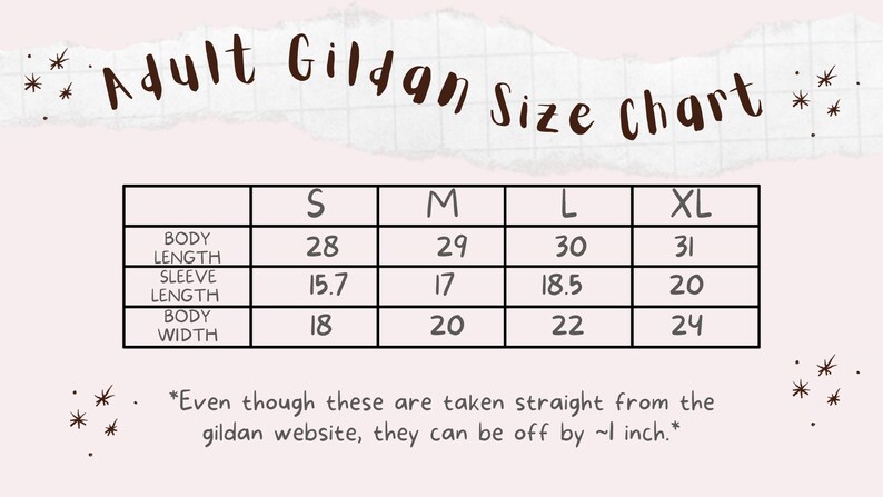 Peut inclure: Un tableau des tailles pour les t-shirts Gildan pour adultes, indiquant les mesures en pouces pour la longueur du corps, la longueur des manches et la largeur du corps. Les tailles comprennent S, M, L et XL.