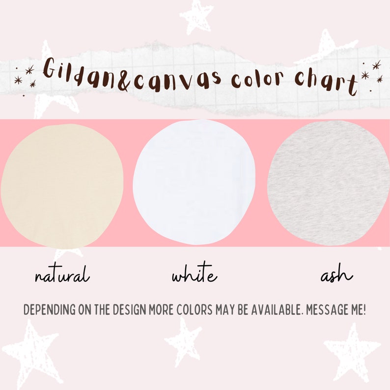 Puede incluir: Una carta de colores para productos Gildan & Canvas, con tres muestras de tela: natural, blanco y ceniza. El texto superior dice "Gildan & canvas color chart". El texto inferior dice "Dependiendo del dise&ntilde;o, pueden estar disponibles m&aacute;s colores. &iexcl;Cont&aacute;ctame!"
