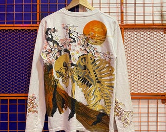 Vintage Sotori Japanese Brand Embroidered Souvenir Tshirt Longsleeve Skeleton Cherry Blossom