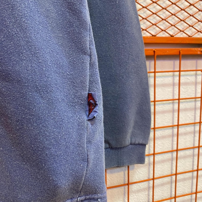 May include: Close-up of a blue sweatshirt with a small red and blue patch on the side. The sweatshirt has a ribbed cuff and a slightly worn appearance, suggesting it's been well-loved.