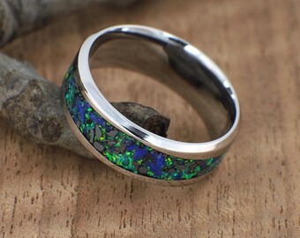 Lapis Lazuli And Hematite Ring With Opals – Minimalist Stainless Steel Ring, Nature Inspired
