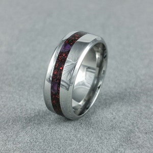 Stainless Steel Ring: Black Fire Opal & Amethyst Inlay