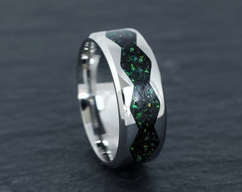 Stainless Steel Ring, Tourmaline Ring, Opal Ring, Black Ring Band, Unique Gift, Wedding Ring, Promise Ring, Engagement Ring, Ring Gift