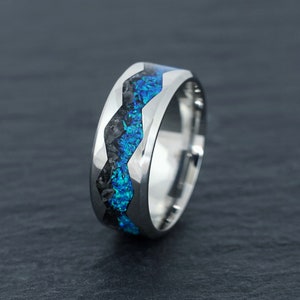 Stainless Steel Ring, Obsidian Ring, Blue Opal Ring, Black Band, Unique Gift, Wedding Ring, Promise Ring, Engagement Ring, Mans Ring