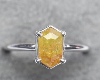 14K Gold Hexagon Diamond Ring, Rustic Orange Yellow Solitaire