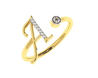 Anillo con inicial de diamante en oro de 14k, anillo con letra personalizada