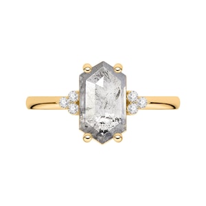 Hexagon cut Grey Diamond Engagement Ring | Salt and Pepper Diamond Wedding Anniversary Ring Gift for Wife | Yellow Gold Ring | Dainty Rings