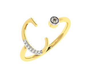 Anillo con inicial de diamante en oro de 14k, anillo con letra personalizada