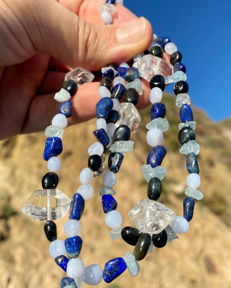 Hawk/'s Eye Lapis Lazuli Blue Lace Agate Aquamarine - Crystal Throat Chakra Necklace Blue Tiger/'s Eye Blue Magic Quartz
