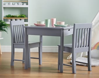 Haus Projekt Kids Table and 2 Chairs(age 3-8) Children's Grey Table Set, Handmade Children's Sturdy Wooden Furniture, Solid Wood