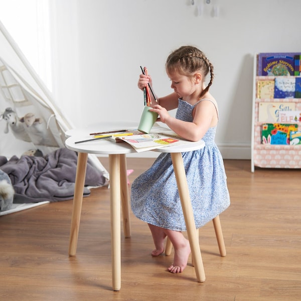 Haus Projekt Cloud Childrens Desk and Chair (Age 4-8), Kids Table Chair Set, Wooden Writing Study Desk with Stool, Kids White Activity Table