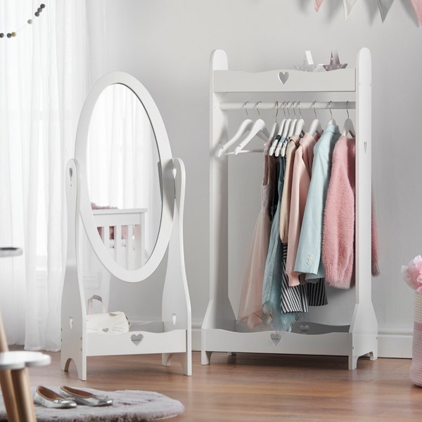 Haus Projekt Dress Up Rail & Mirror Set for Children, Girl's White Wooden Clothing Rack And Mirror, Handmade, Kids / Nursery Furniture