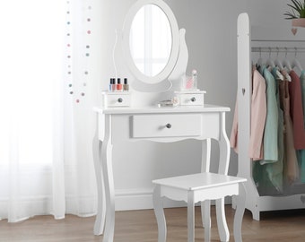 Runesol Girls Dressing Table With Stool and Mirror for 8-13 Years, White Wood Children’s Vanity Table, Christmas Gifts, Kids Make up Dresser