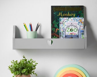 Haus Projekt Wall Shelf, Childrens Wooden Grey Heart Floating Bookshelf, Bedroom Organiser for Kids, Wall Mounted Storage Shelves, 50x10x16