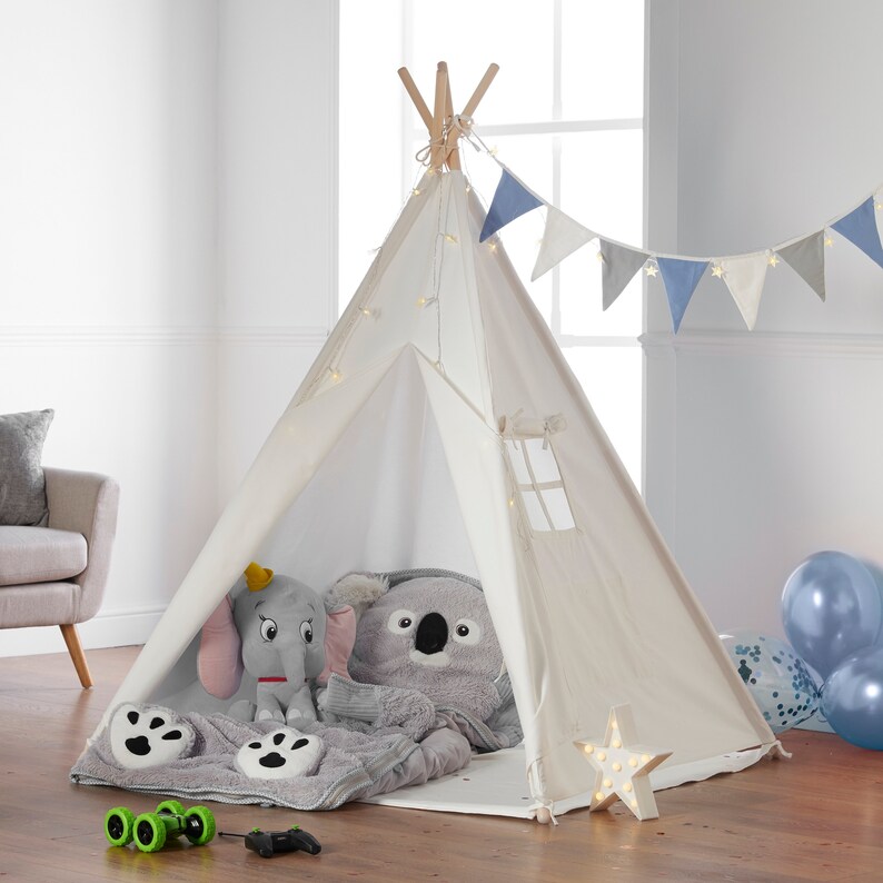 Haus Projekt TeePee with Fairy Lights, Bunting & Waterproof Mat, 160cm Kids Tipi Tent, CE certified Tippee Tent, 120x120x160cm, Blue Bunting 